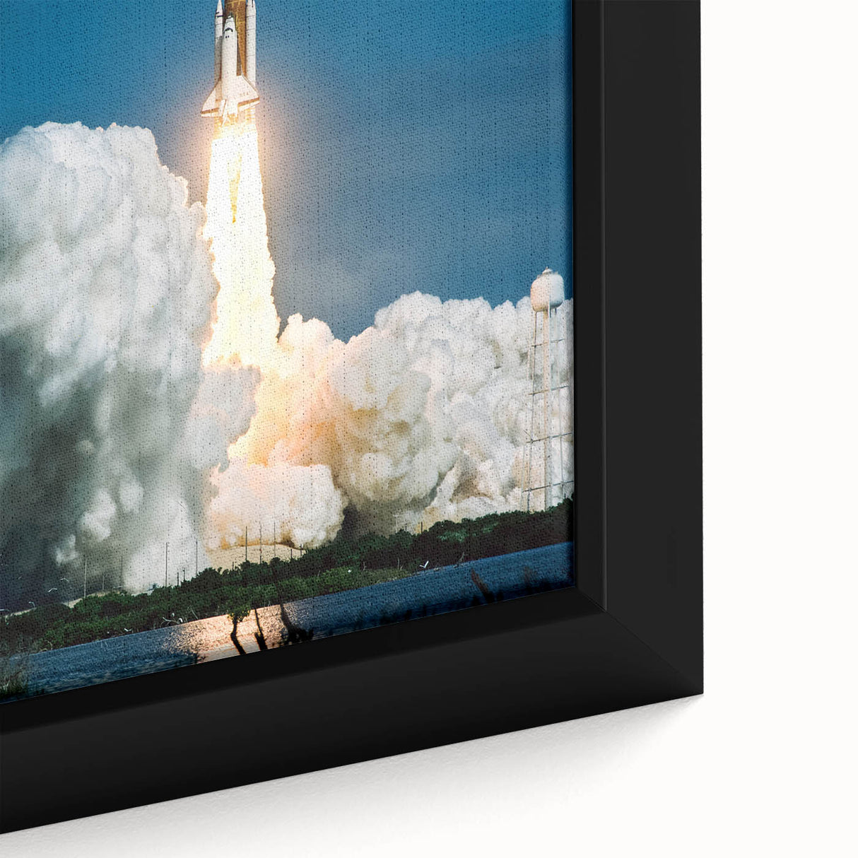 Extra large framed canvas featuring a black textured background with a colorful, abstract depiction of spacecraft.