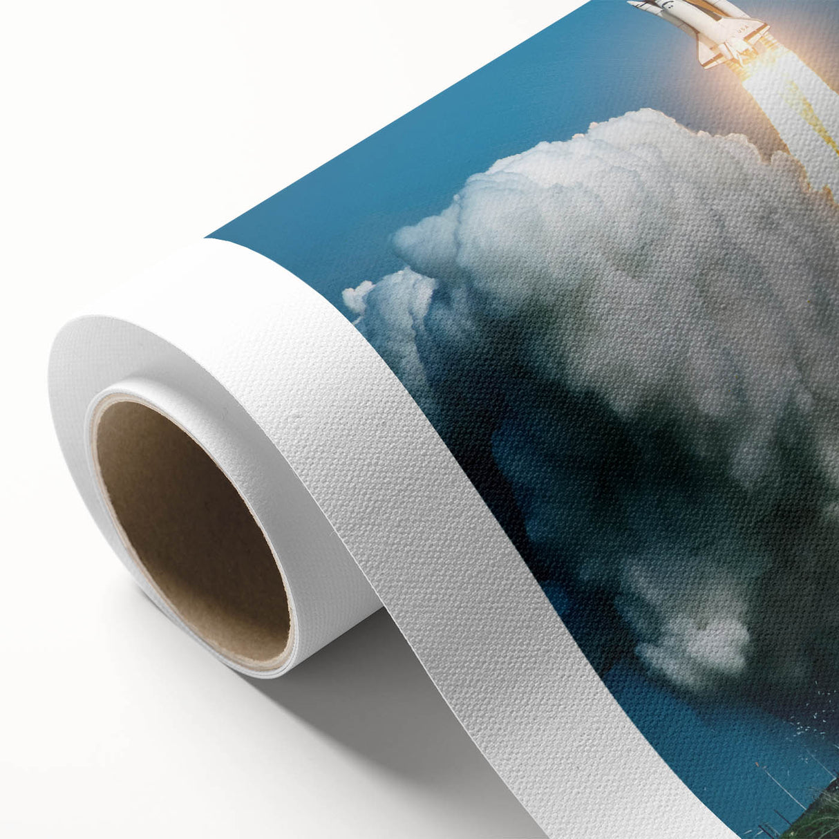 Art deco poster featuring a stylized vintage spacecraft in muted silver and blue tones on rolled canvas.