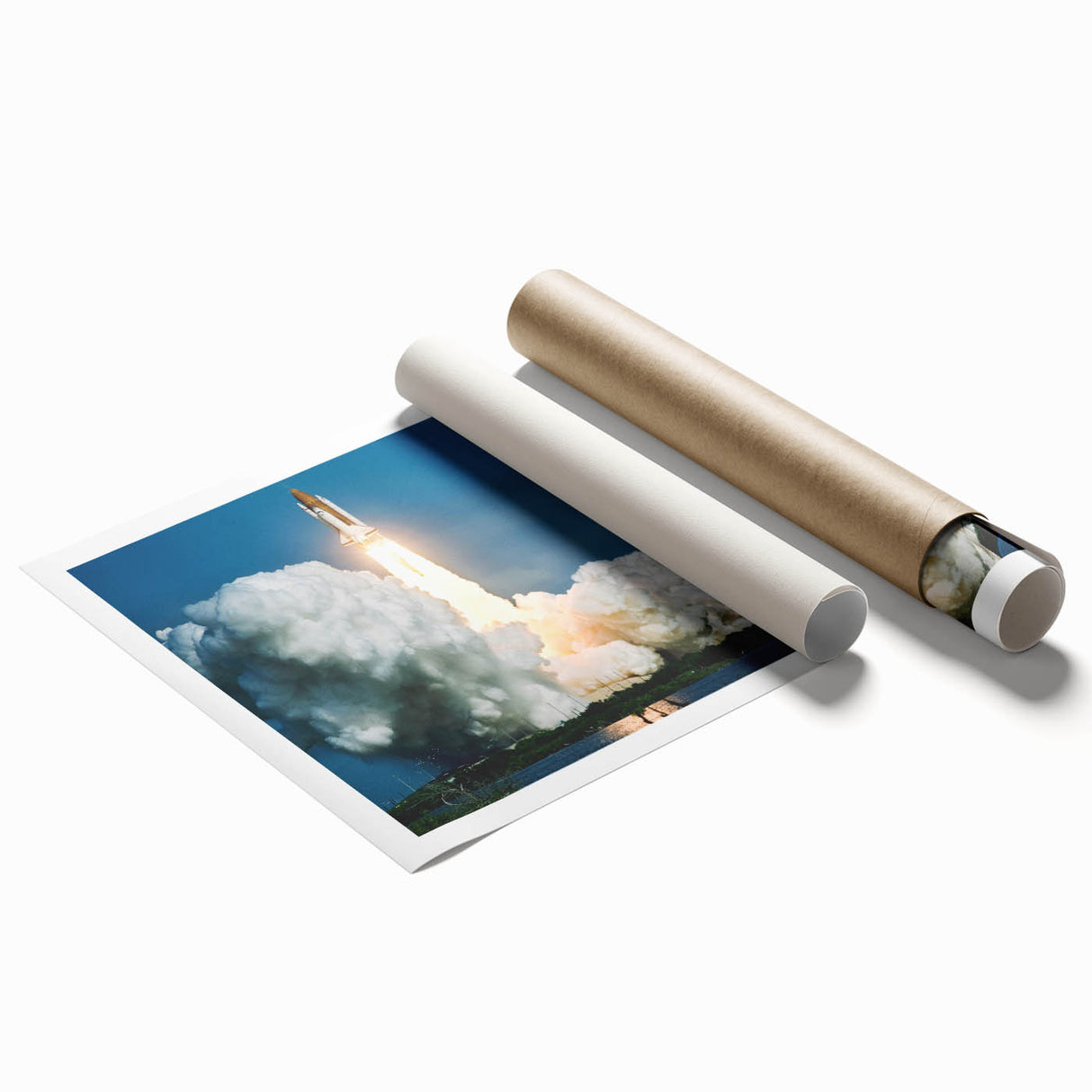 Extra large wall art featuring a muted color palette spaceship design on a rolled print, ideal for modern bathroom decor.