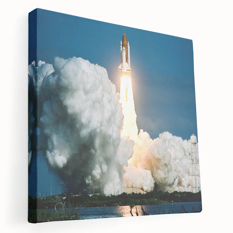 Side view of a large stretched canvas depicting a spacecraft, in gray and metallic tones, ideal for kitchen wall art.