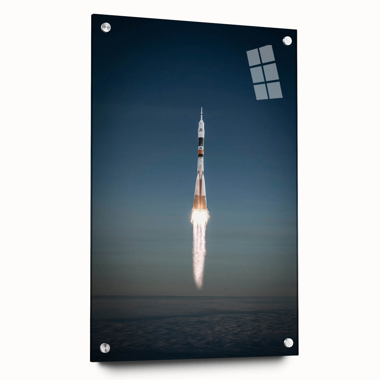 Acrylic print of a spacecraft in black and gray tones, suitable for modern bedroom or dining room decor.