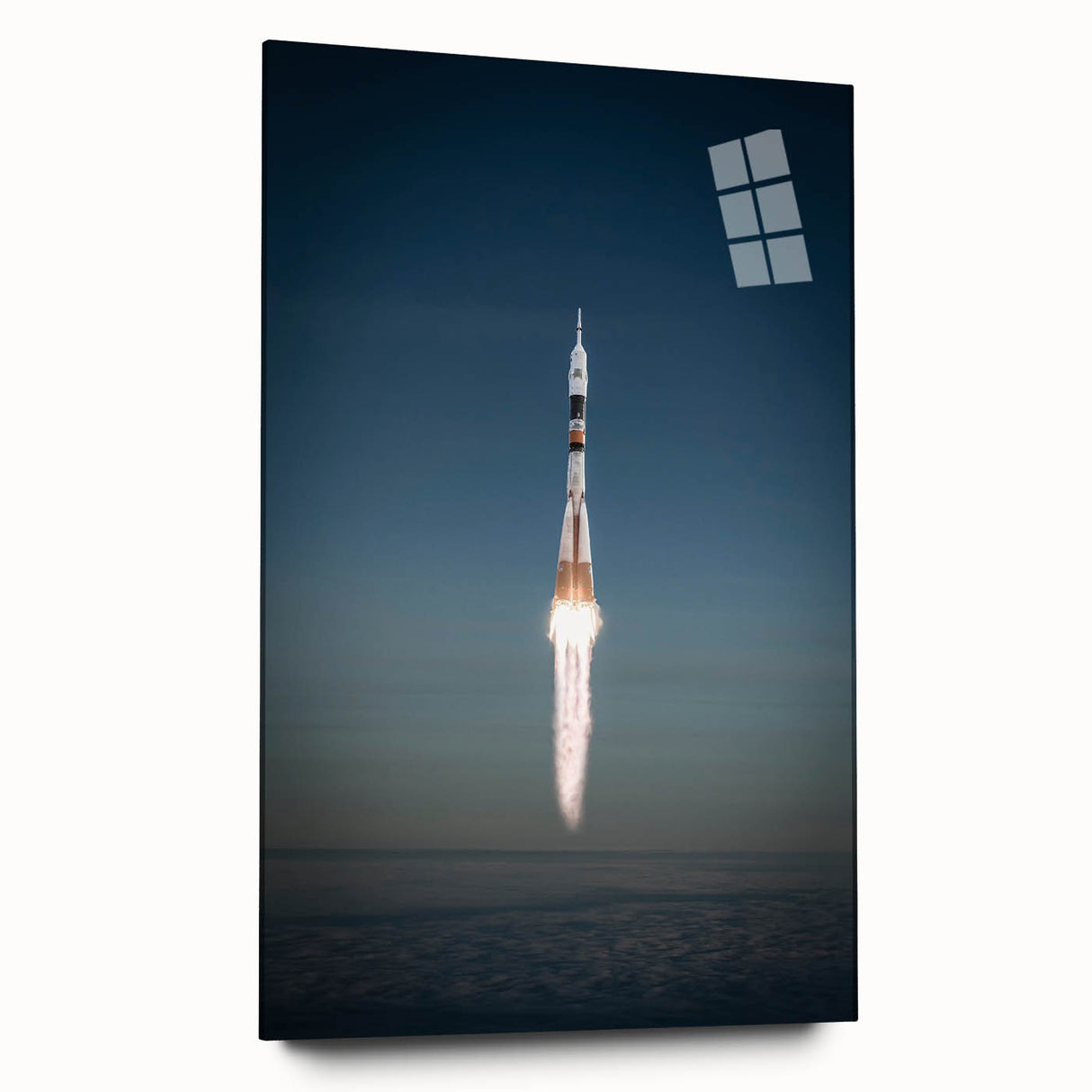 Acrylic print of a large abstract spacecraft design in gray and metallic tones.