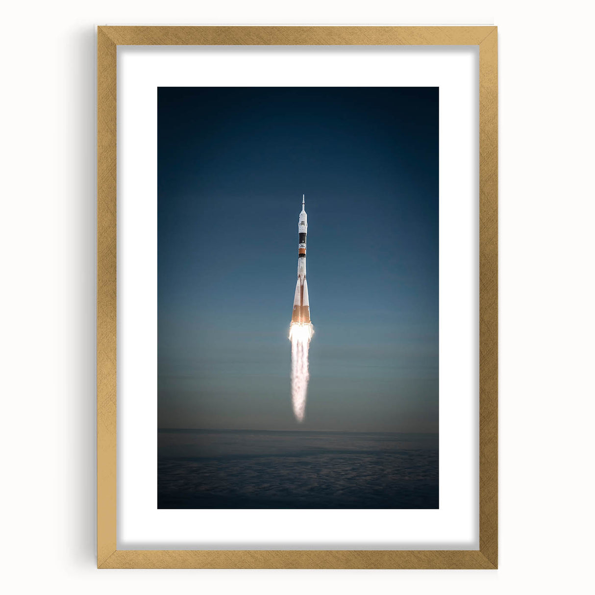 Textured abstract art print of a spacecraft in muted gray, ideal for modern bedroom decor, framed with a gold mat.