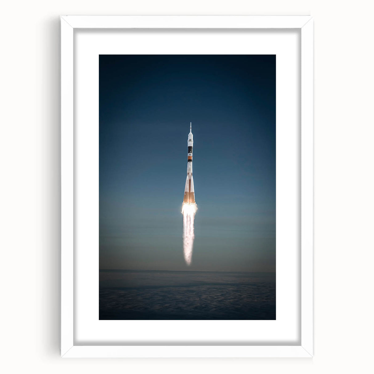 Extra large abstract art print of a spacecraft, in vibrant gray and blue tones on a white framed canvas.