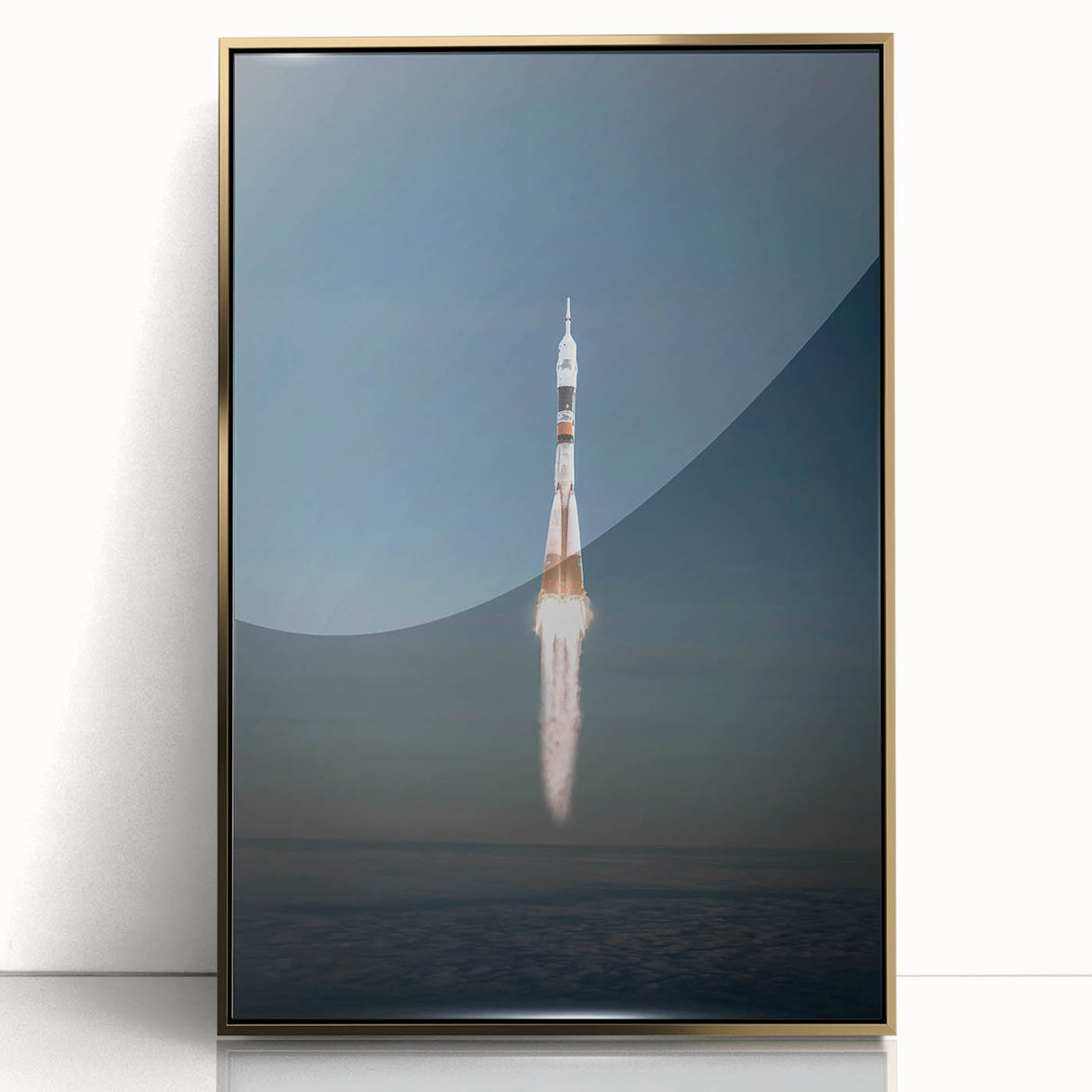 Mid-century modernist art deco poster featuring a spacecraft, with vibrant gold and black hues, framed in acrylic.