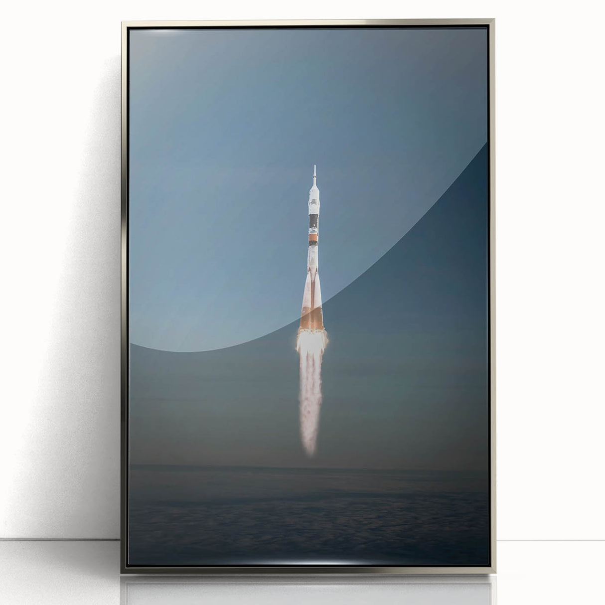 Art deco poster of a spacecraft, silver framed acrylic, with muted metallic tones, suitable for modern nursery wall decor.