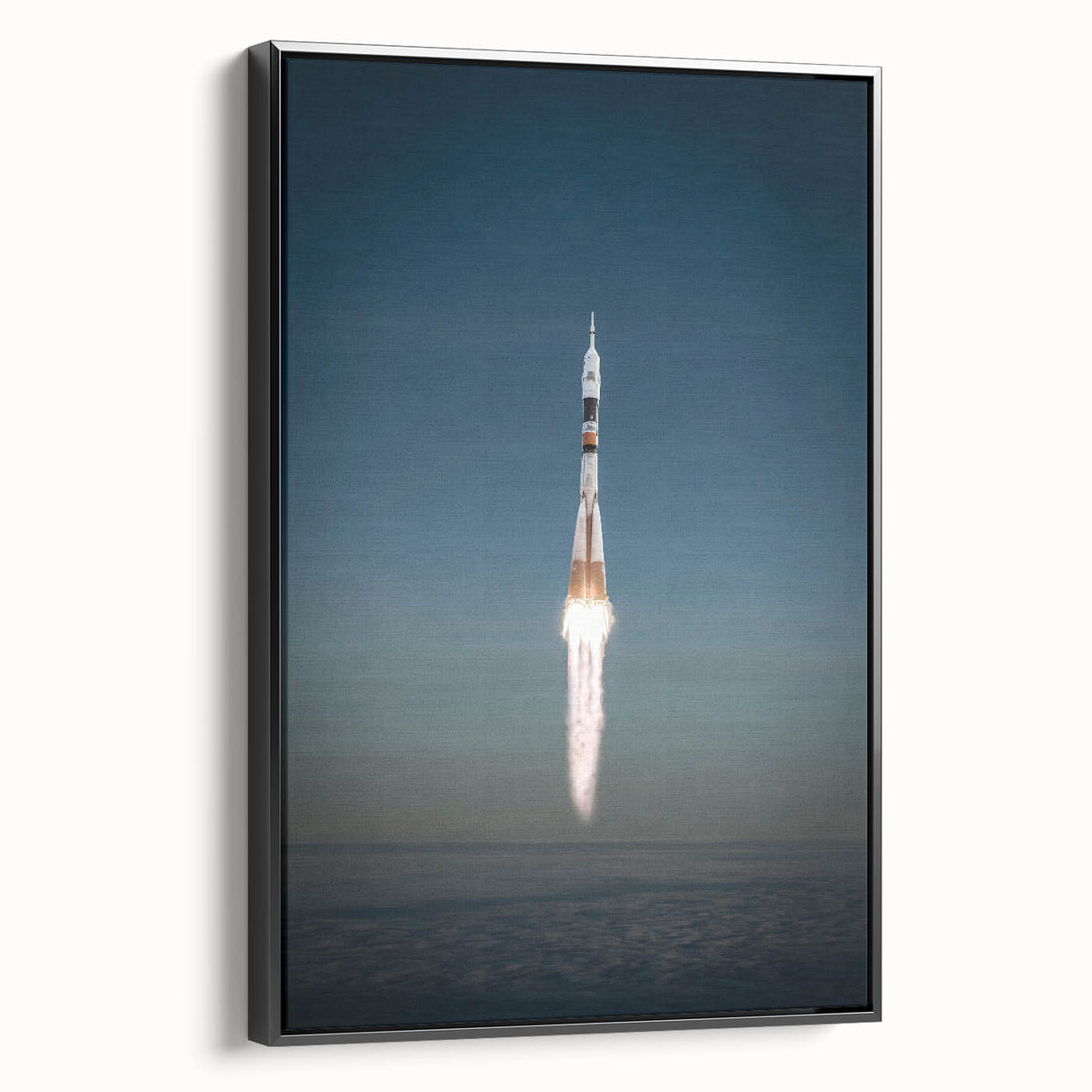 Framed canvas featuring a black and white vintage poster of a spacecraft, ideal for bedroom wall art.