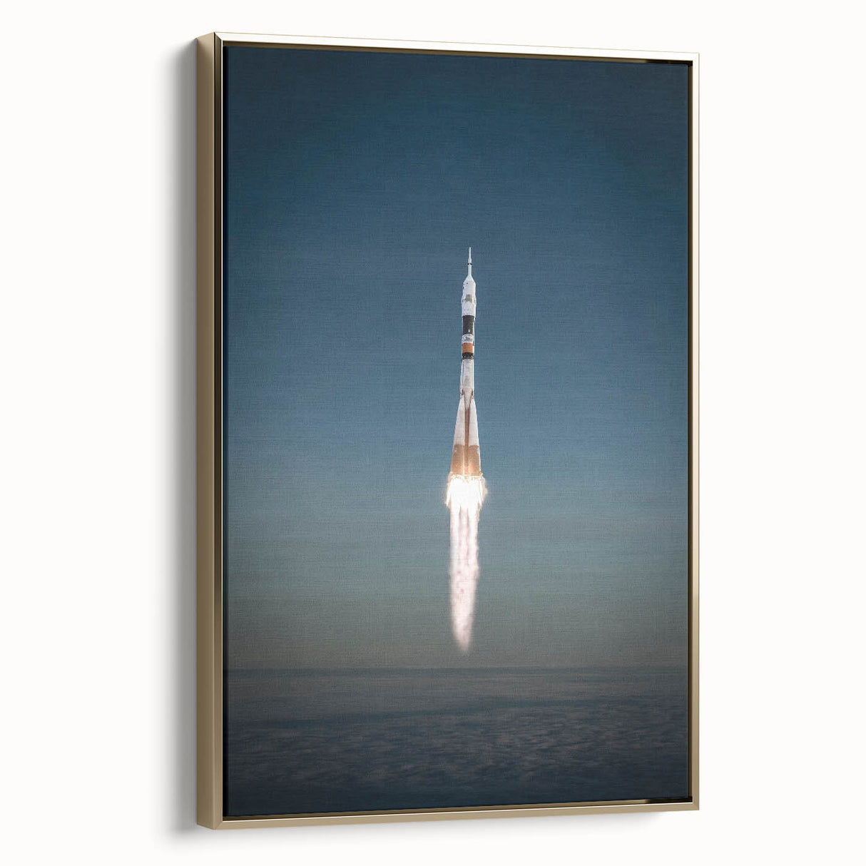 Landscape art painting of a vintage spacecraft, featuring colorful art on black background, framed canvas.