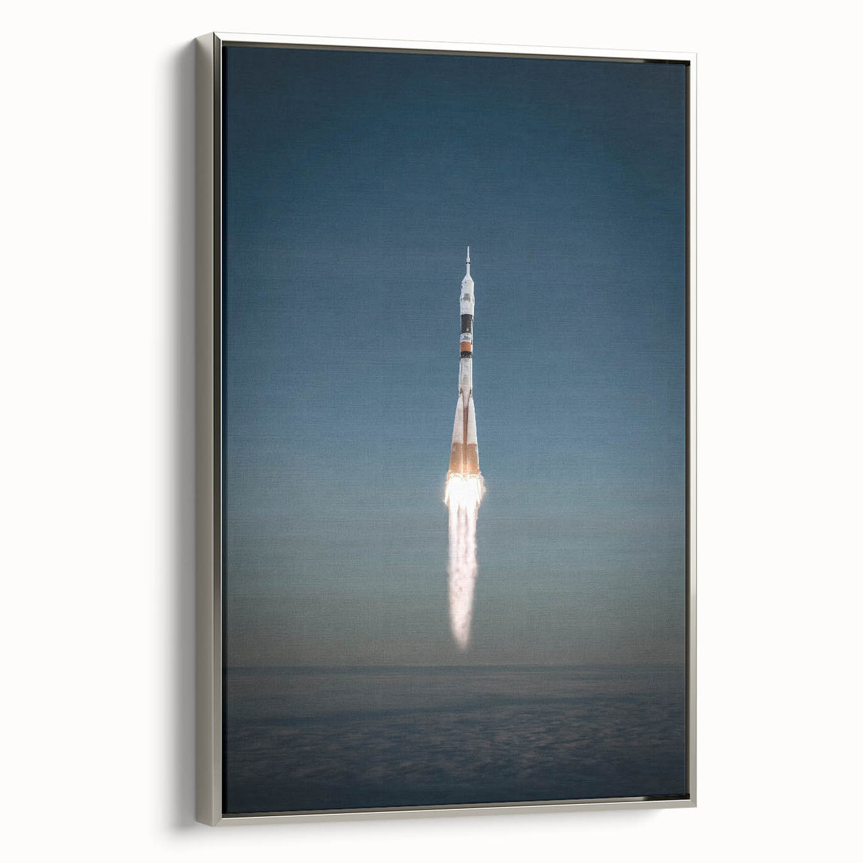 Vintage poster art of a spacecraft, rendered in colorful art on a large black framed canvas, suitable for living room decor.