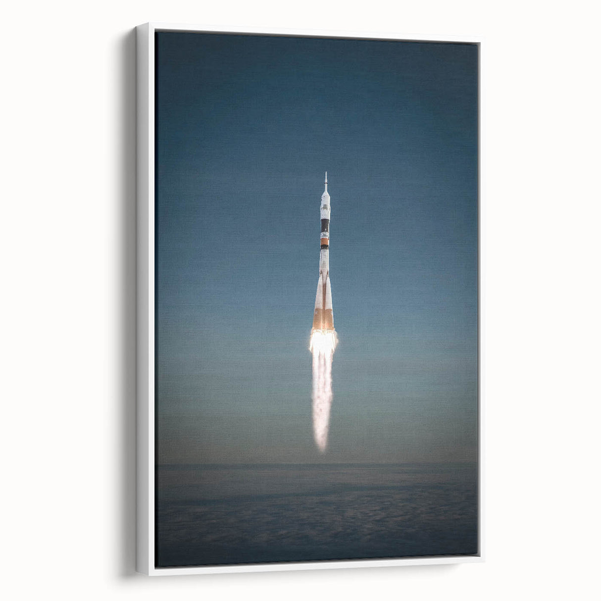 Framed canvas featuring a vintage poster of a spacecraft, rendered in black and white, ideal for bedroom wall art.