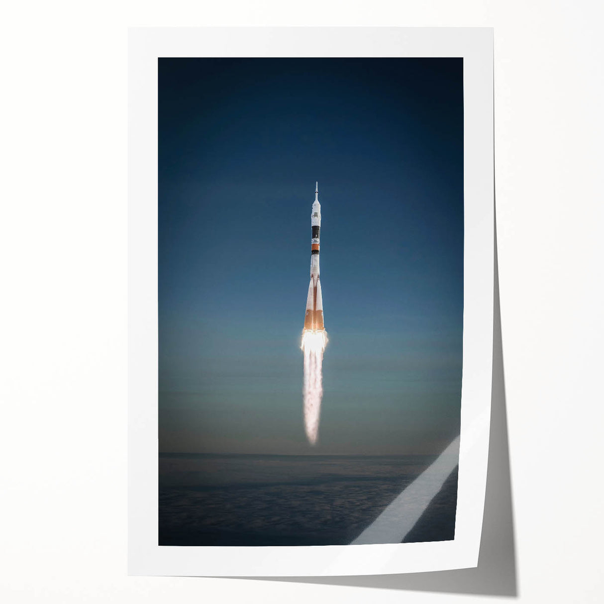 Spacecraft illustration in muted gray on rolled print, suitable for art wall dining room.