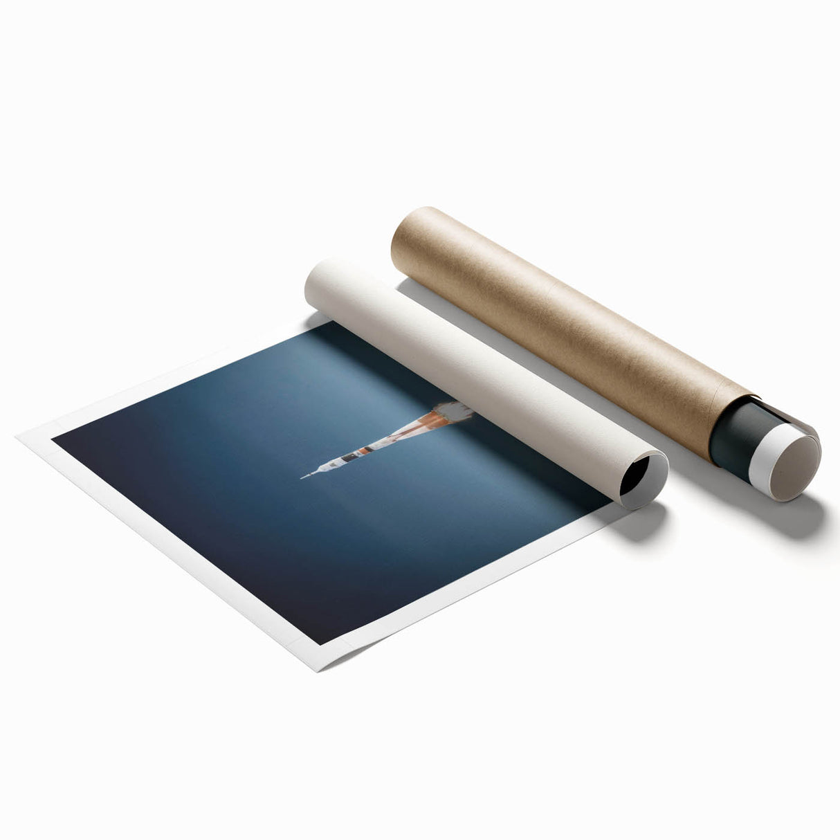 Extra large rolled print of a minimalist spacecraft design in muted gray tones, ideal for modern bathroom decor.