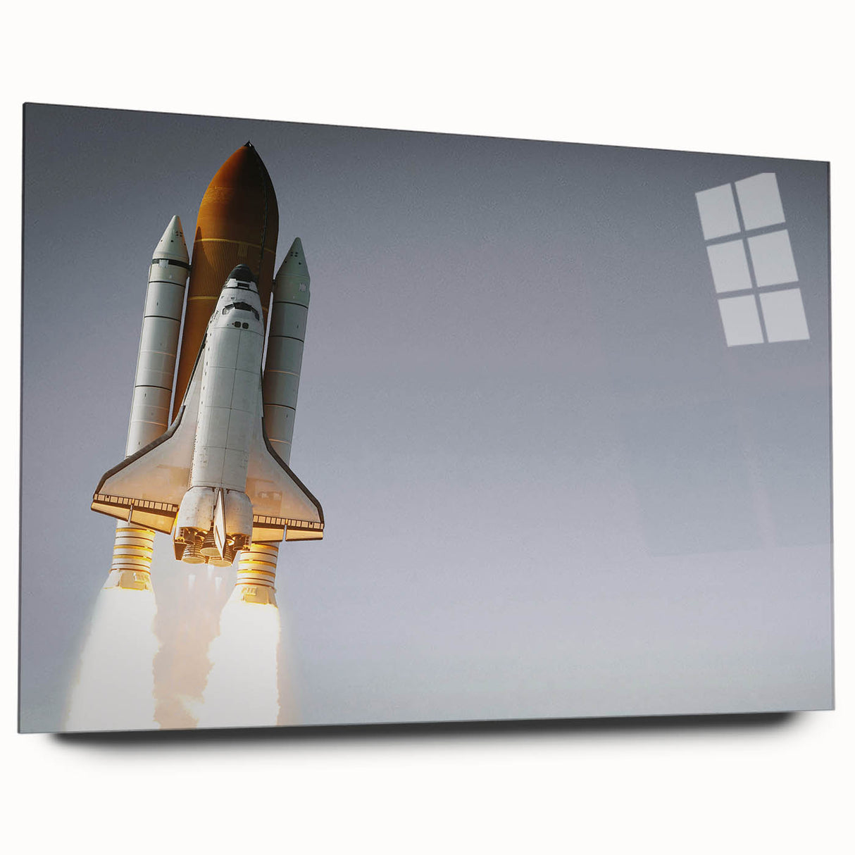Acrylic print of a large abstract spacecraft design in neutral and metallic shades.