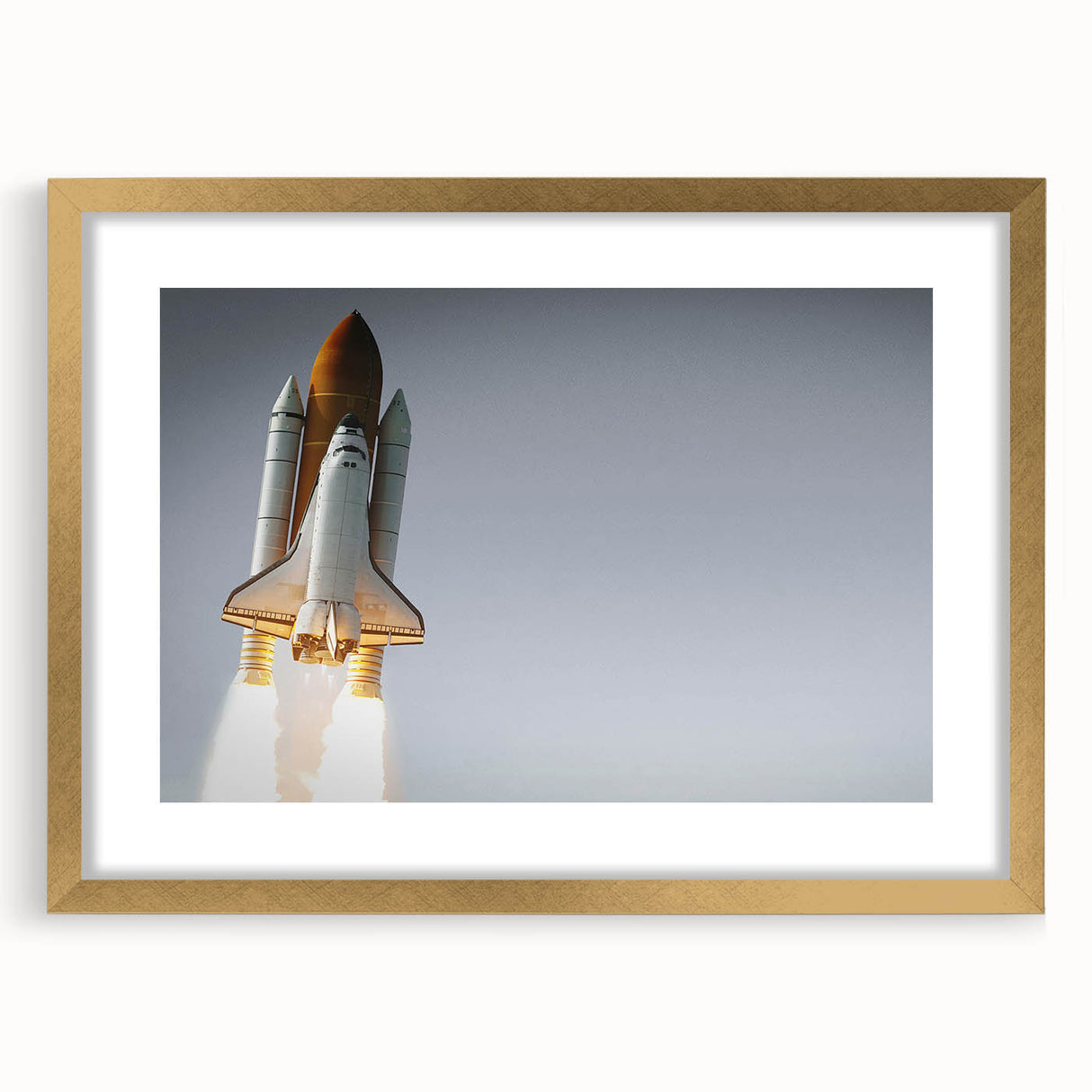 Textured art print of abstract spacecraft in gold and black tones on a framed canvas, suitable for bedroom decor.