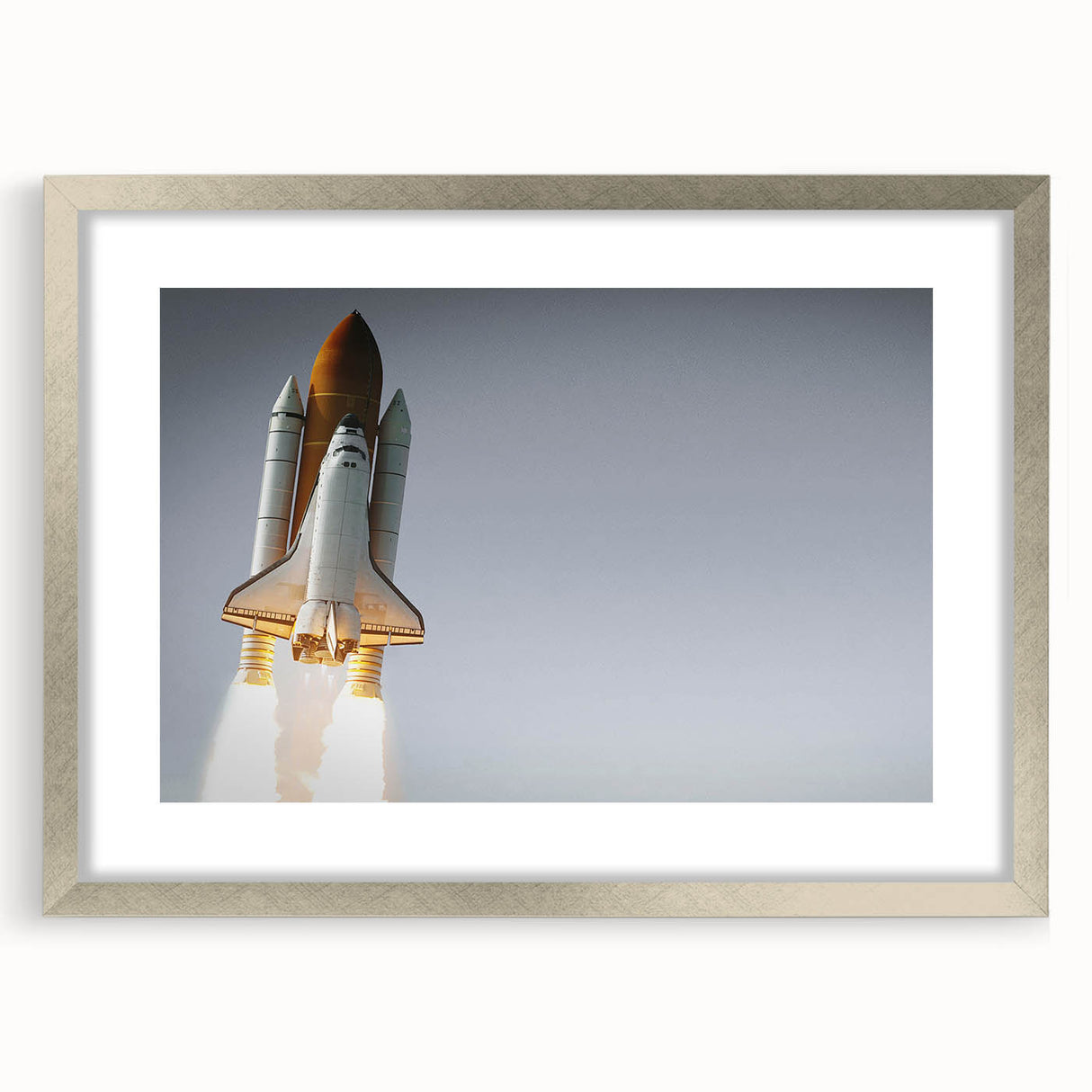 Abstract art print of a spacecraft in silver and gray tones on a framed canvas, suitable for bedroom or dining room decor.