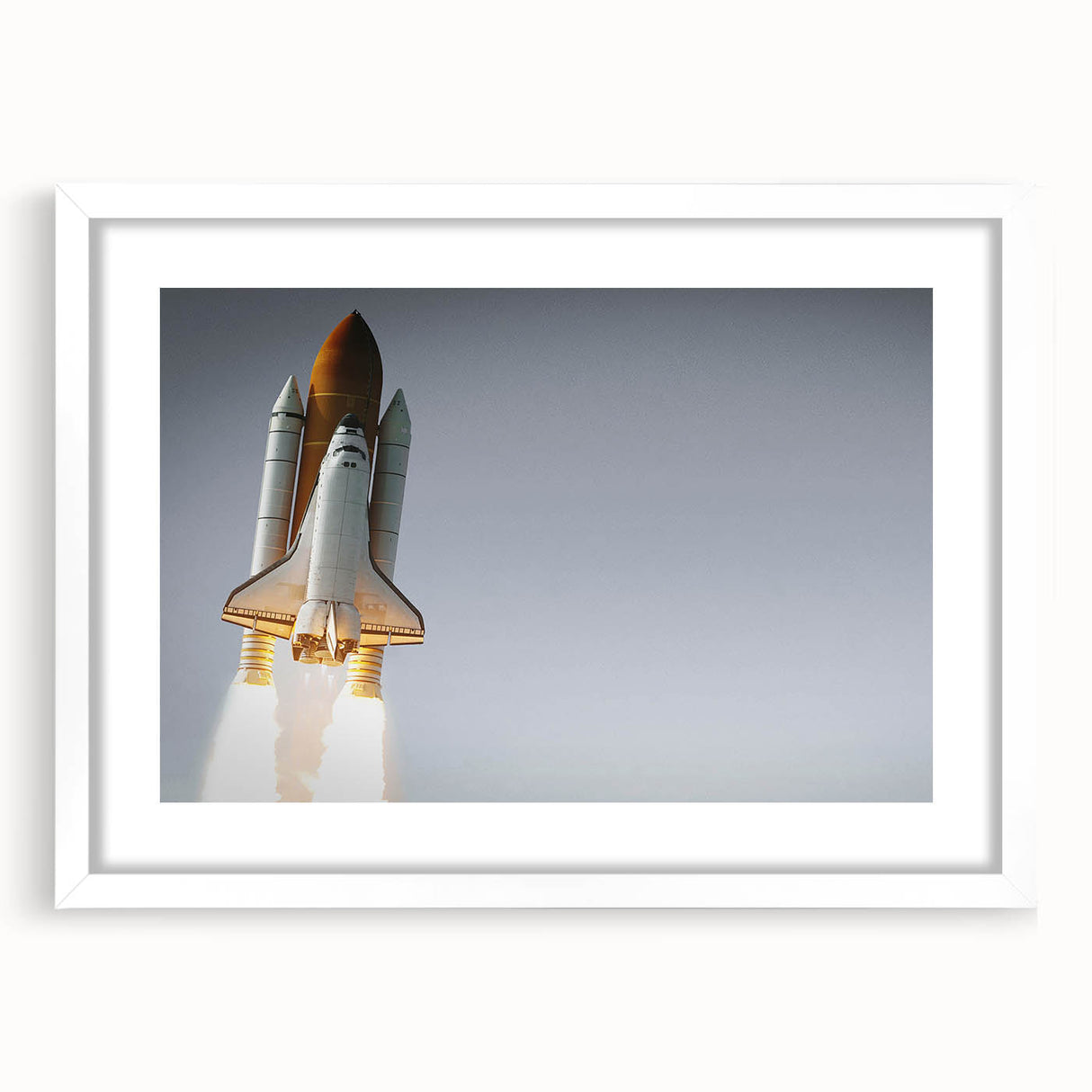 Extra large abstract art print of a spacecraft, featuring textured gray and white tones on a framed white mat.