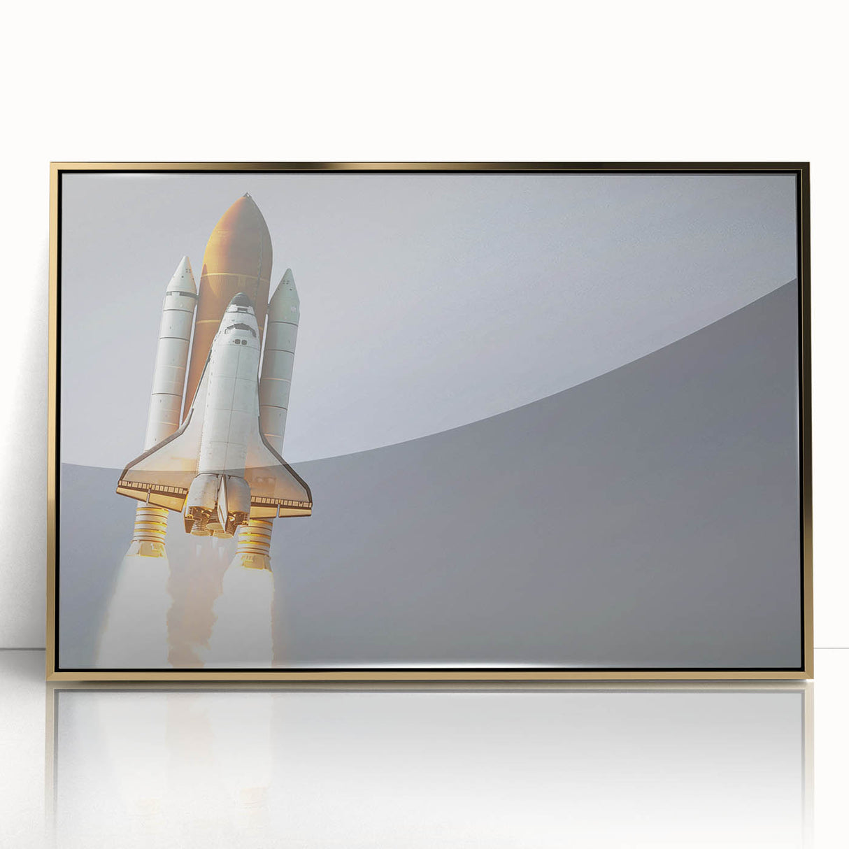 Mid-century modernist art depicting a spacecraft, in gold and black tones on acrylic, ideal for nursery wall art.