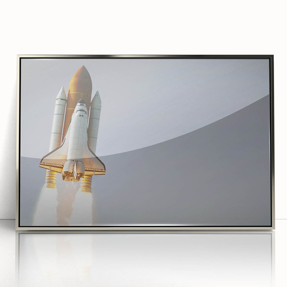 Art deco poster of a spacecraft, in silver and gray tones on a framed acrylic, suitable for modern nursery art decor.