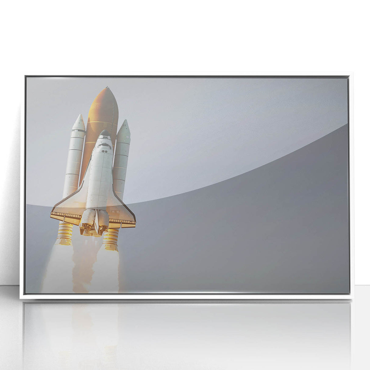 Framed acrylic print featuring a mid-century modernist spacecraft design in soft pastel shades, ideal for nursery wall art.