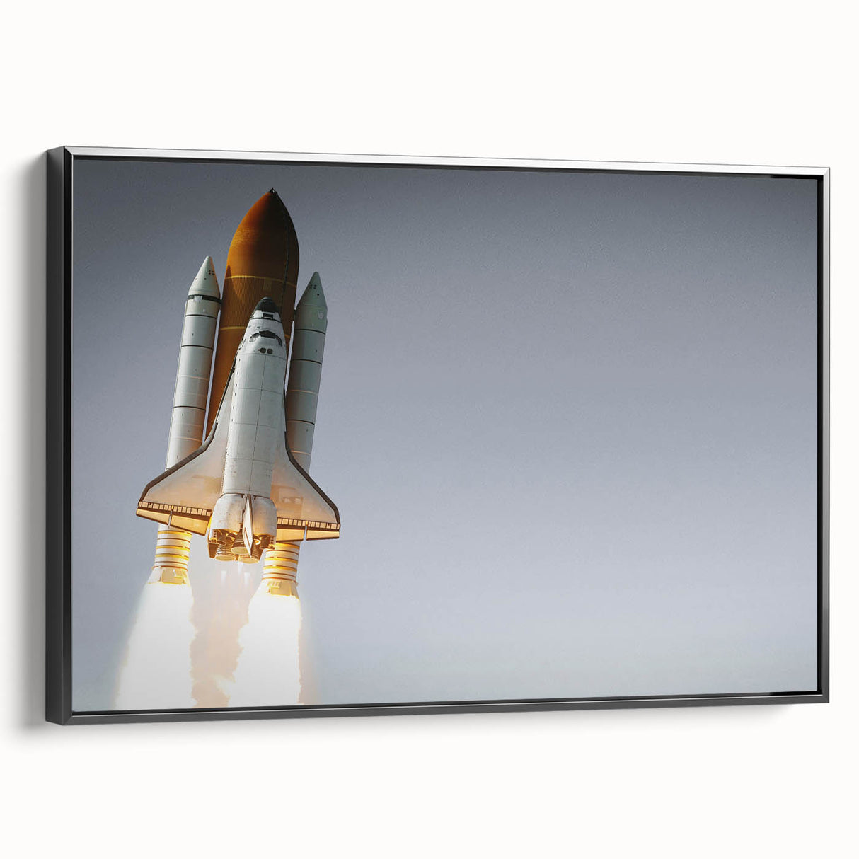 Framed canvas featuring a black and white vintage poster of a spacecraft, ideal for bedroom wall decor.