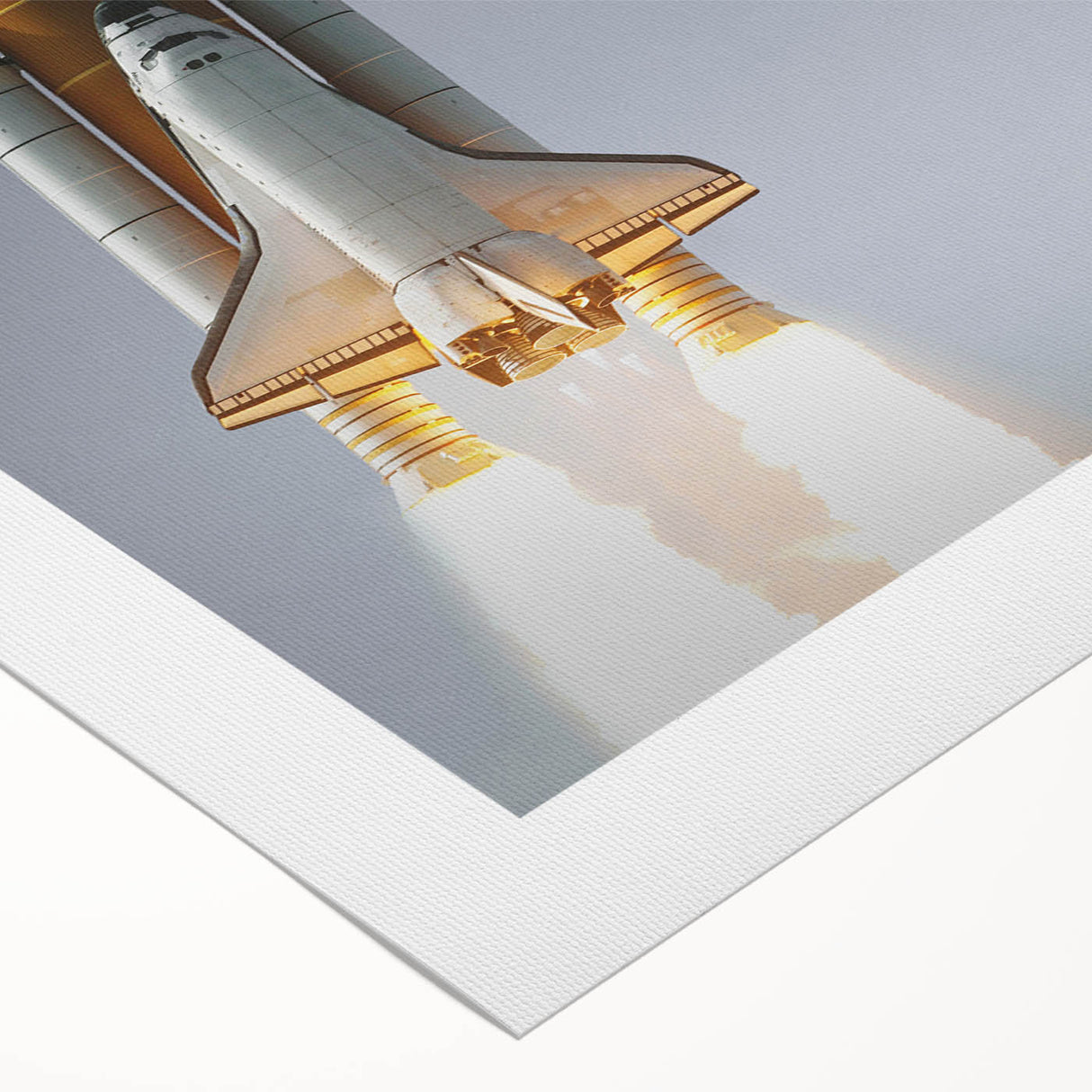 Art deco poster of a vintage spacecraft, done in muted silver and gray tones on rolled canvas.