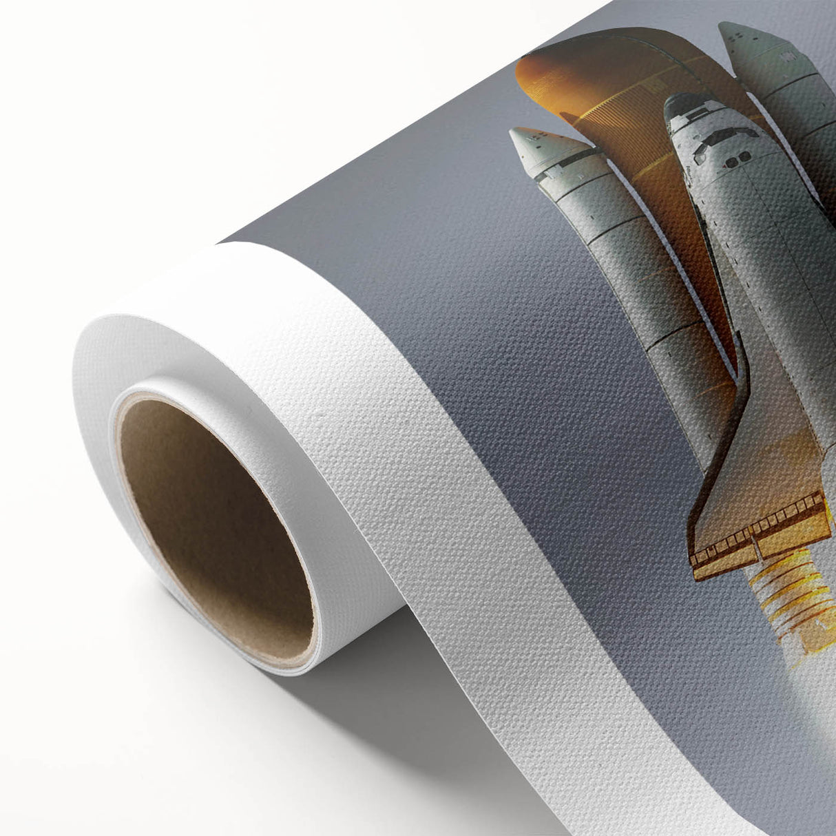 Art deco style spacecraft poster in monochrome tones on rolled canvas, ideal for nursery wall art.