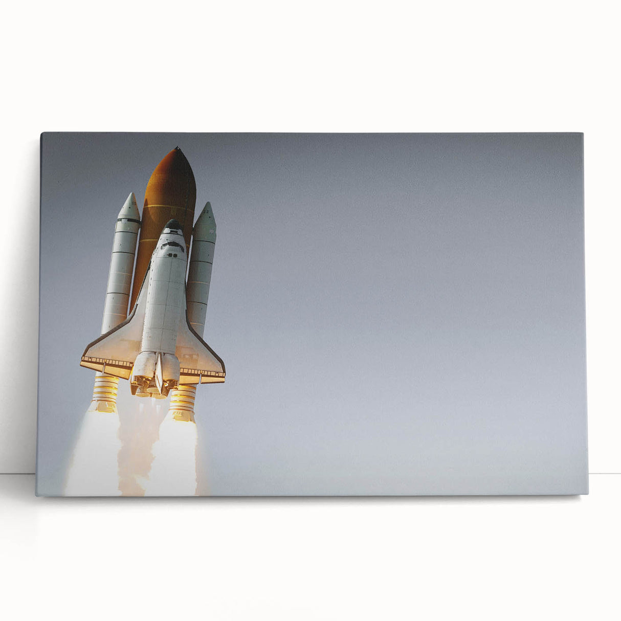 Black and white stretched canvas featuring a minimalist spacecraft design, ideal for kitchen wall art or bedroom decor.