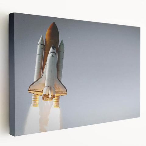 Graphic print of a spacecraft in grayscale on stretched canvas, suited for kitchen wall art.