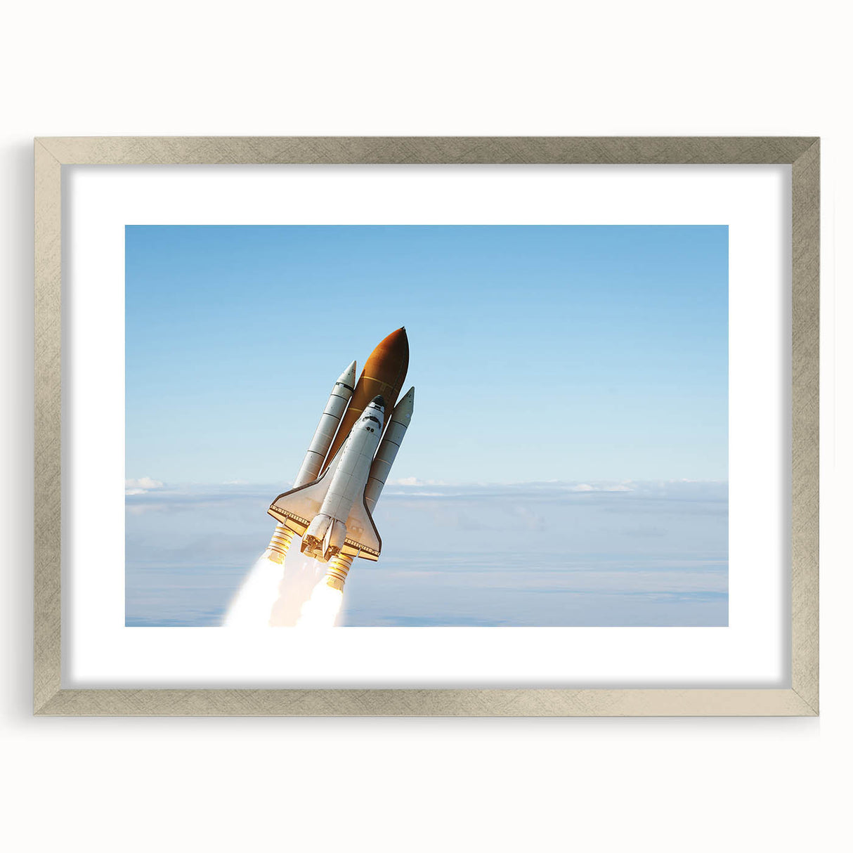 Abstract art print of a spacecraft in muted silver and gray tones on a framed canvas, suitable for dining room or bedroom.