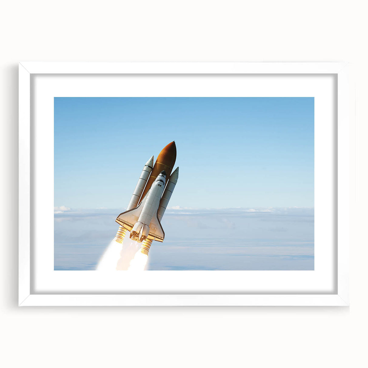 Extra large abstract art print of a spacecraft design in muted metallic colors on a framed white mat.