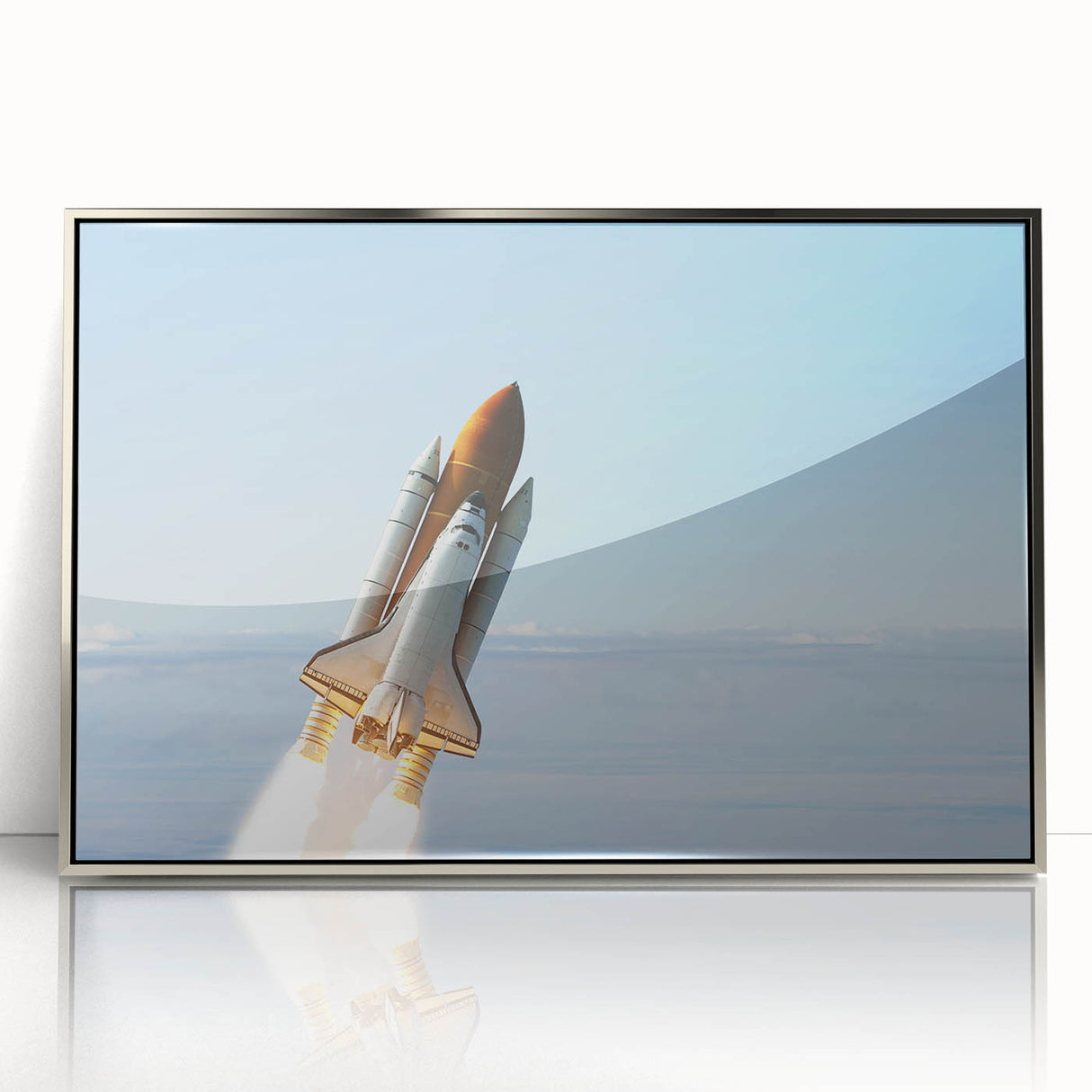 Art deco poster of a spacecraft, with silver frame and acrylic print, in muted metallic tones.