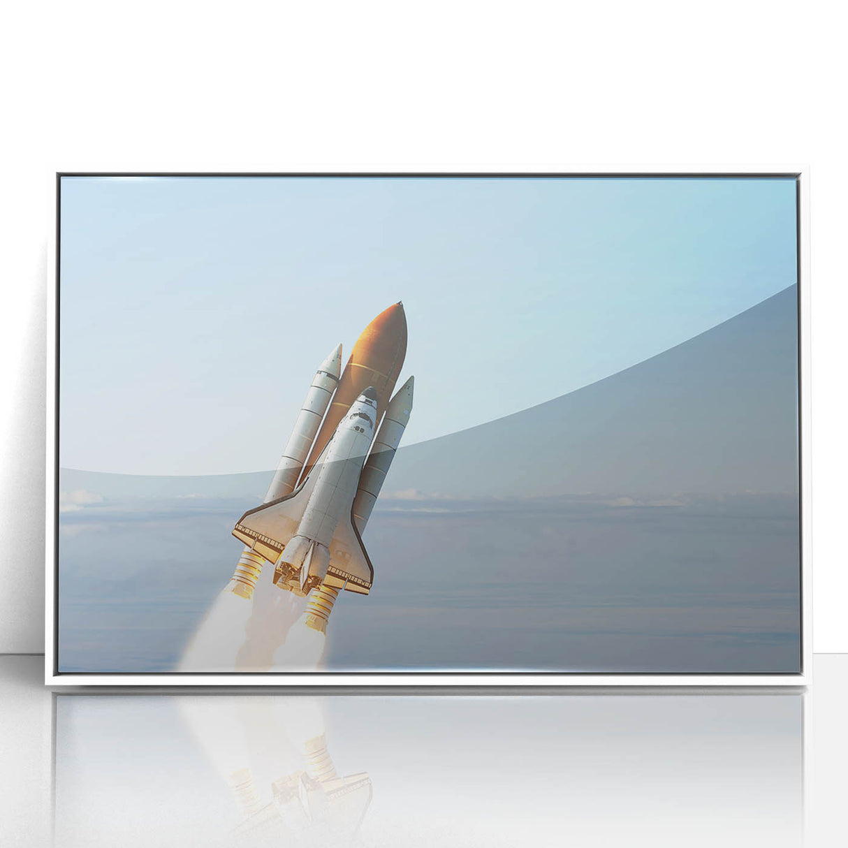 Mid-century modernist spacecraft illustration in muted gray and blue tones on a white framed acrylic.