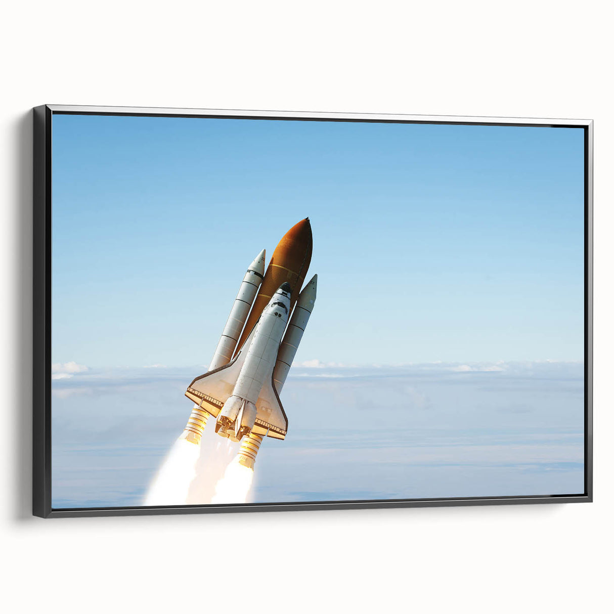 Black and white vintage poster art of a spacecraft, on a framed canvas, ideal for bedroom wall decor.