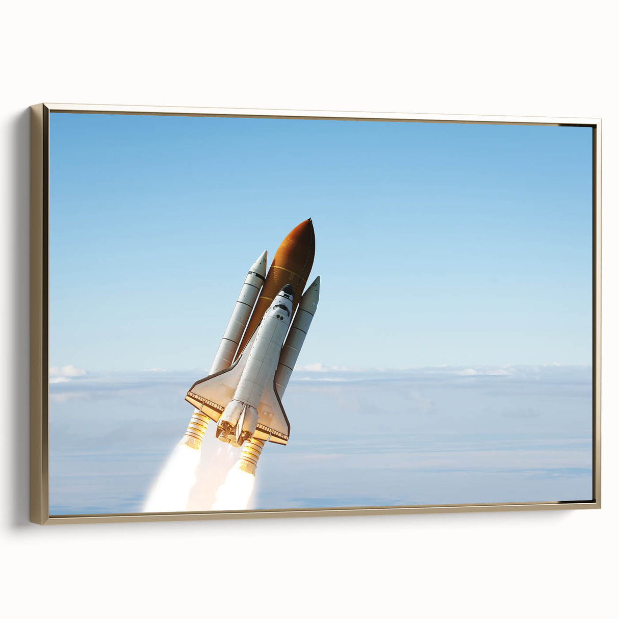 Framed canvas featuring a vintage poster of colorful spacecraft, set against a black background.