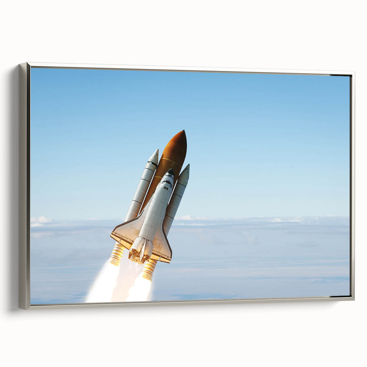 Framed vintage poster art of a spacecraft, featuring a black background with colorful accents, ideal for living room decor.