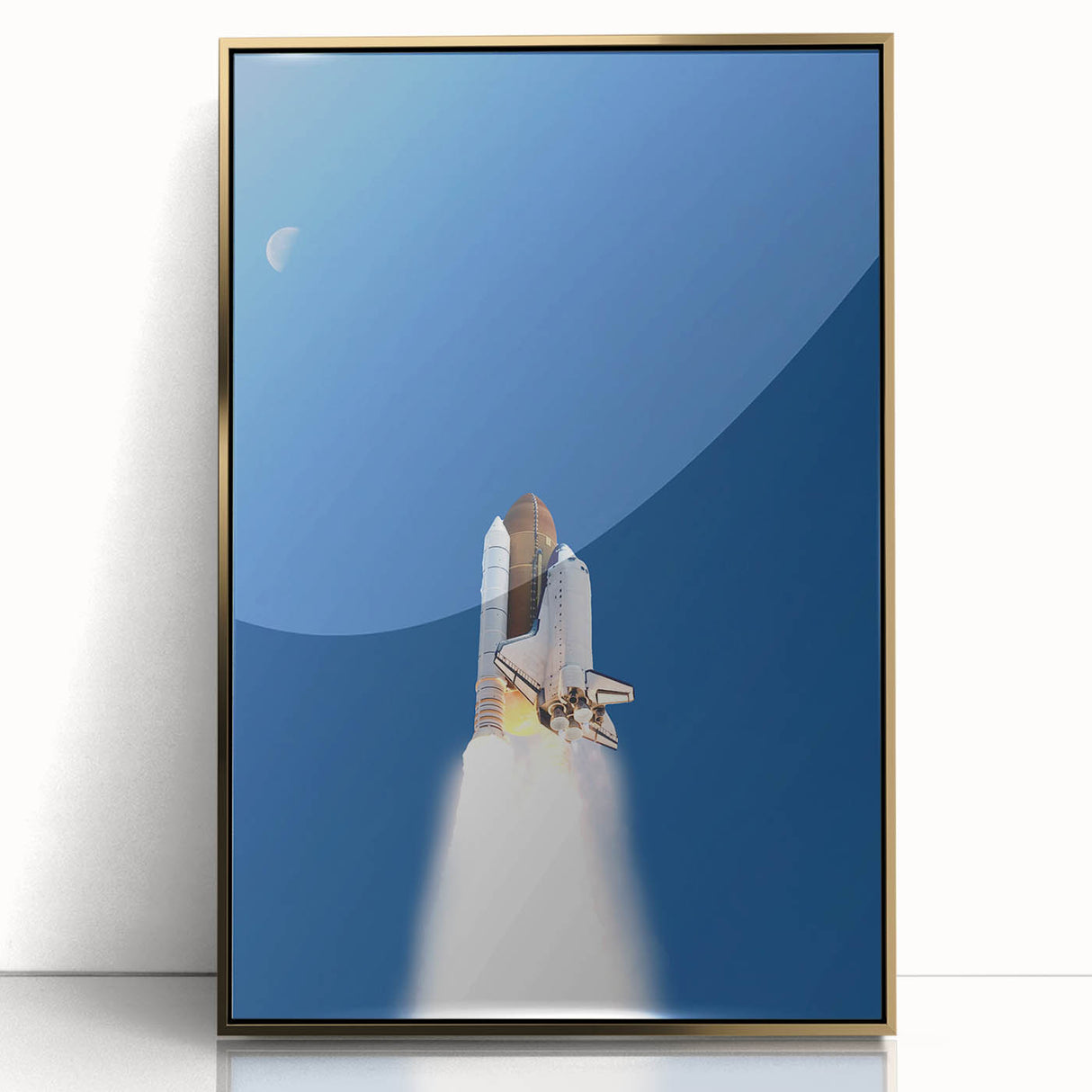 Mid-century modernist art deco poster of a spacecraft, featuring gold and black tones on acrylic, ideal for nursery wall art.