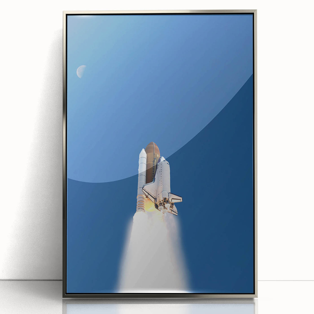 Art deco poster of a spacecraft in silver and gray tones, framed acrylic, ideal for modern nursery wall decor.