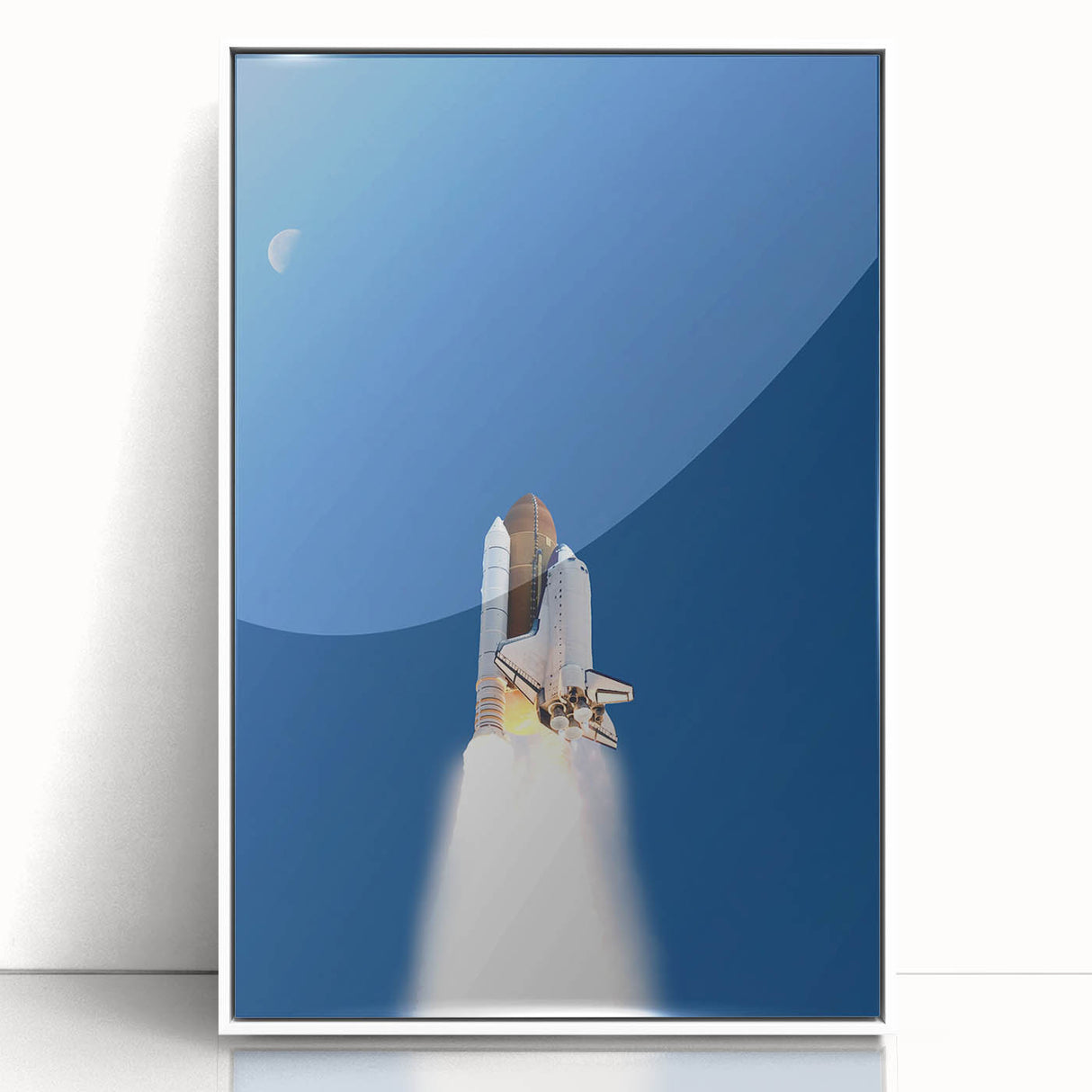 Mid-century modernist spacecraft illustration in muted gray and blue tones on a white framed acrylic.
