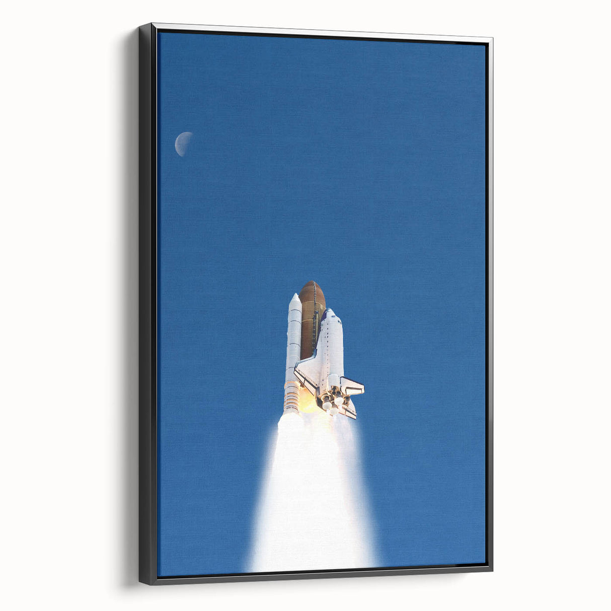 Black and white vintage poster art of a spacecraft, printed on framed canvas, ideal for bedroom wall decor.