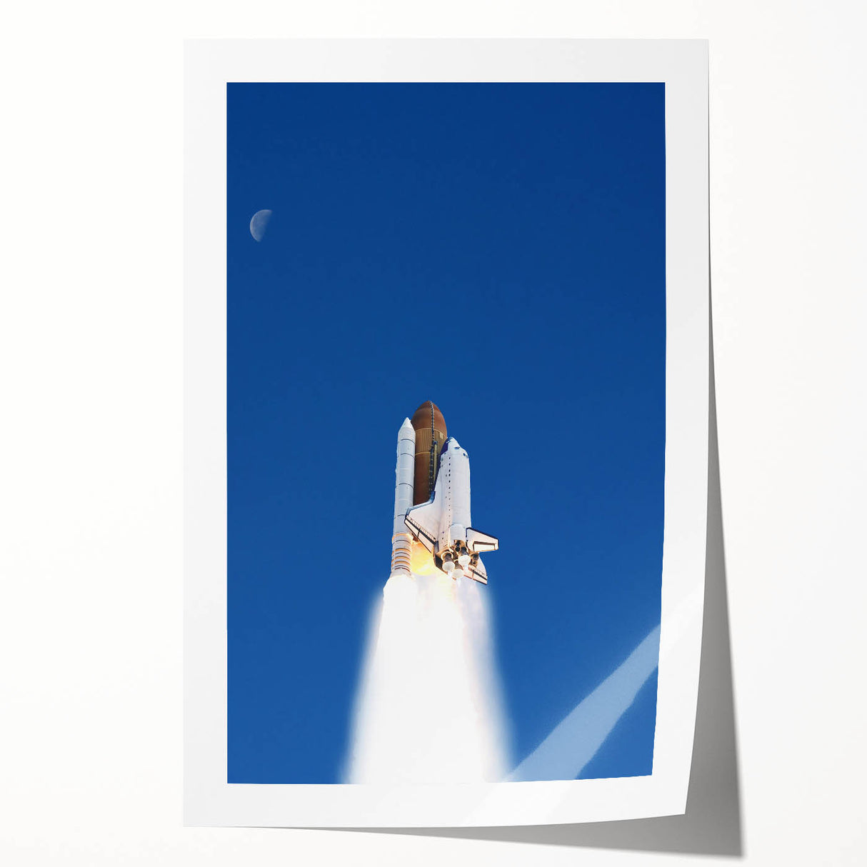 Spacecraft illustration in muted gray and white tones on a rolled canvas, ideal for modern dining room decor.