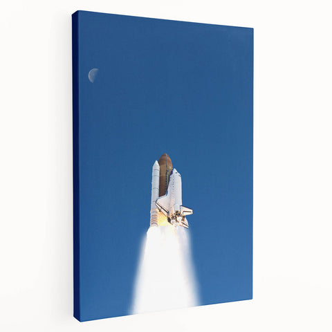Spacecraft illustration on large stretched canvas with vibrant blue and white tones, suitable for kitchen wall art.