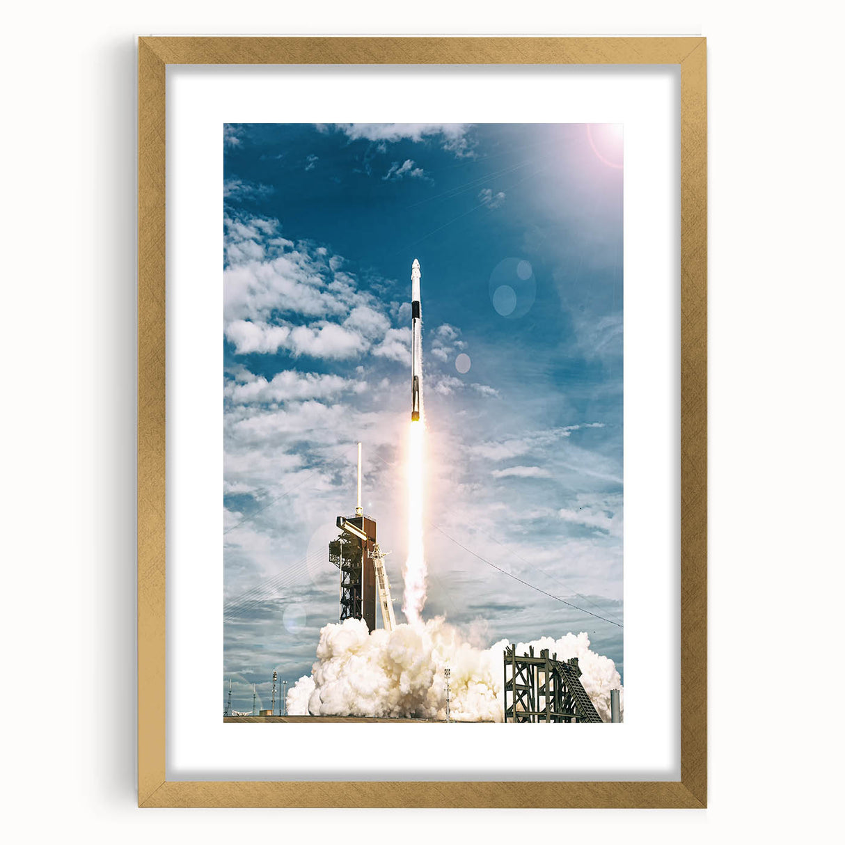 Textured abstract art print of a spacecraft in gold and black tones on a framed canvas, suitable for bedroom decor.