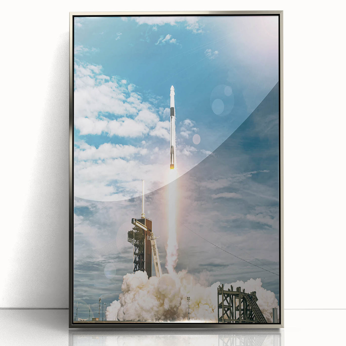Art deco style poster of a silver spacecraft, framed in acrylic, with a modern art wall decor vibe, suitable for nursery.