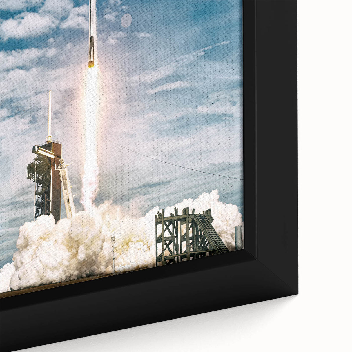 Extra large black wall art featuring a textured, colorful spacecraft design on a framed canvas, ideal for living room decor.