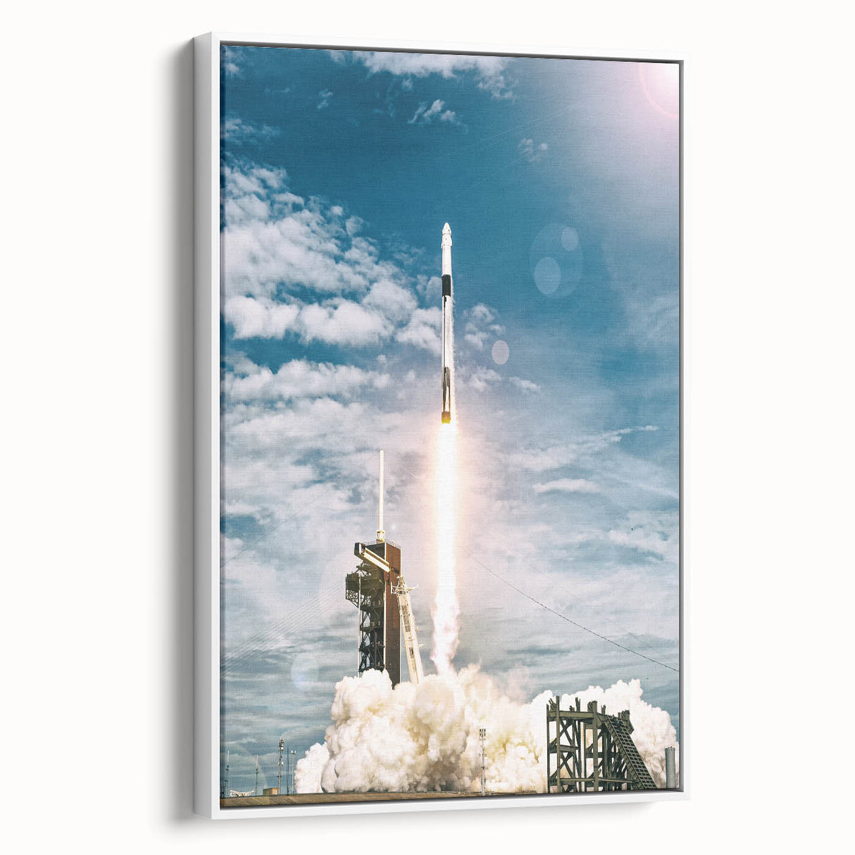 Framed canvas featuring a vintage black and white poster of a spacecraft, ideal for bedroom wall art.