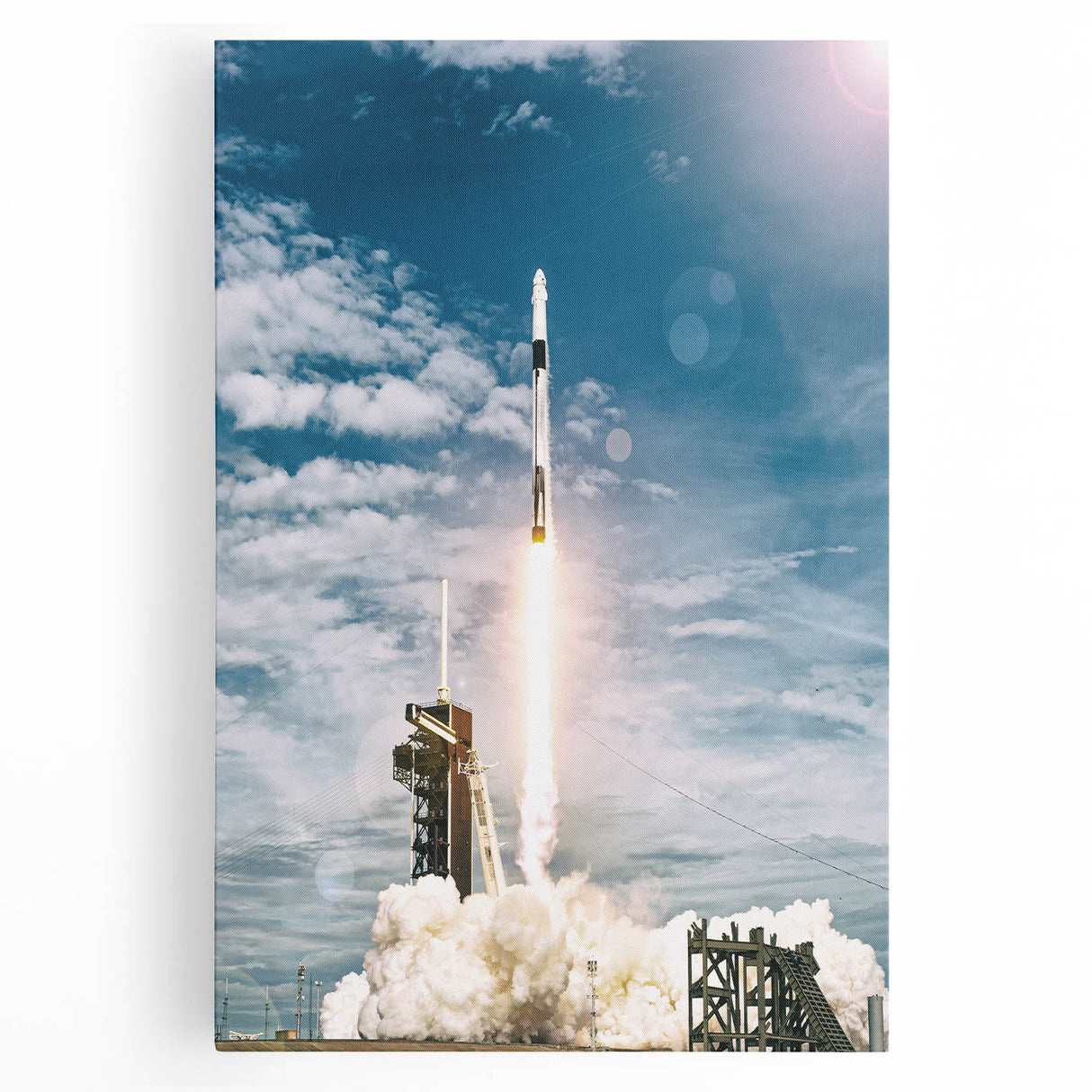Black and white stretched canvas featuring a minimalist spacecraft design, ideal for kitchen wall art.