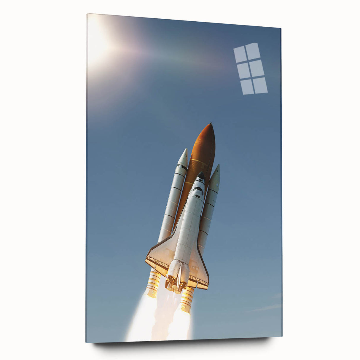 Acrylic print of a large abstract spacecraft design in muted metallic tones, suitable for bedroom or dining room decor.