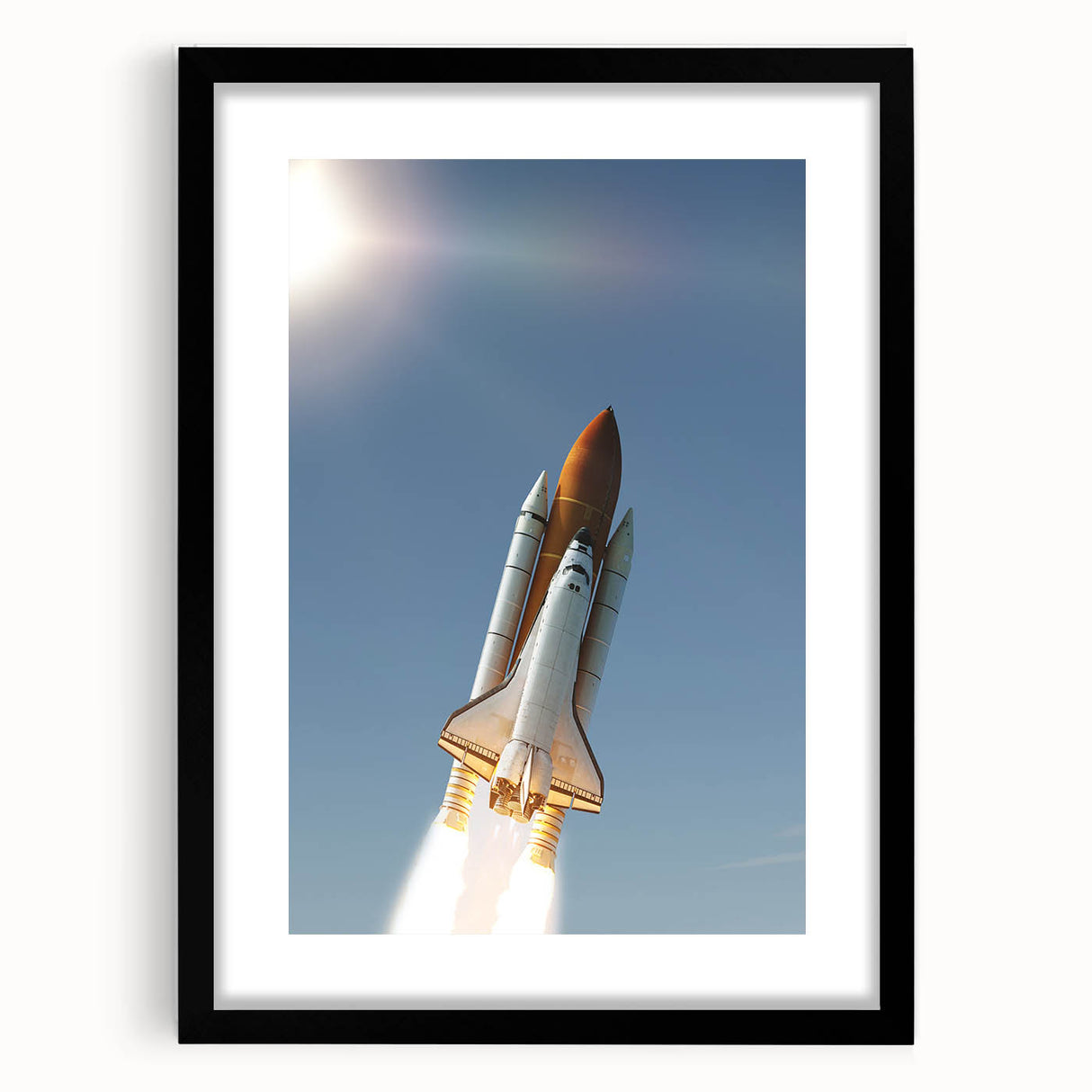 Colorful abstract art print of a spacecraft, in vibrant blue and orange tones, framed in black.