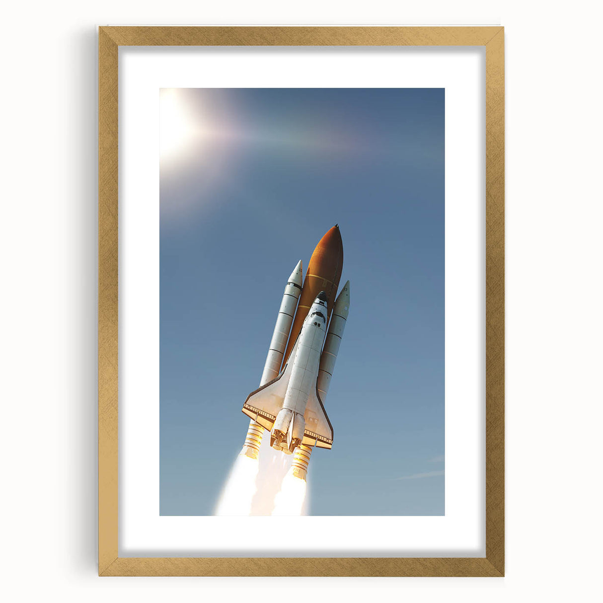 Textured art print of an abstract spacecraft in gold and black tones on a framed canvas, suitable for bedroom decor.