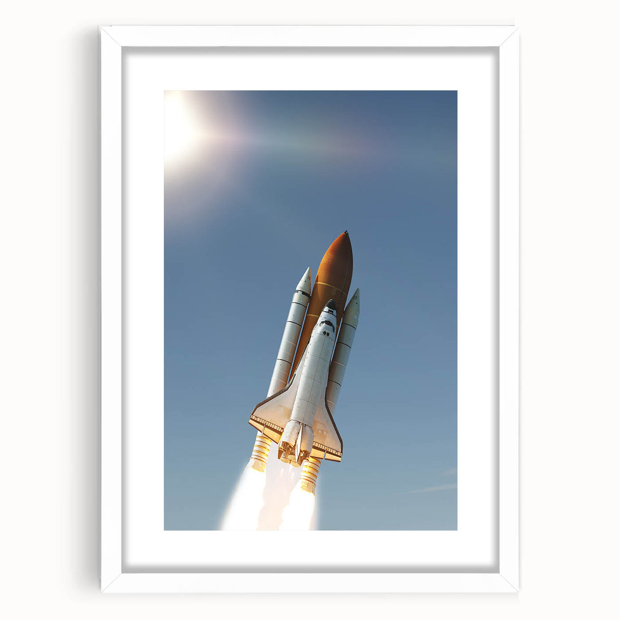 Extra large abstract art print of a textured spacecraft design in muted gray and silver, framed in white.